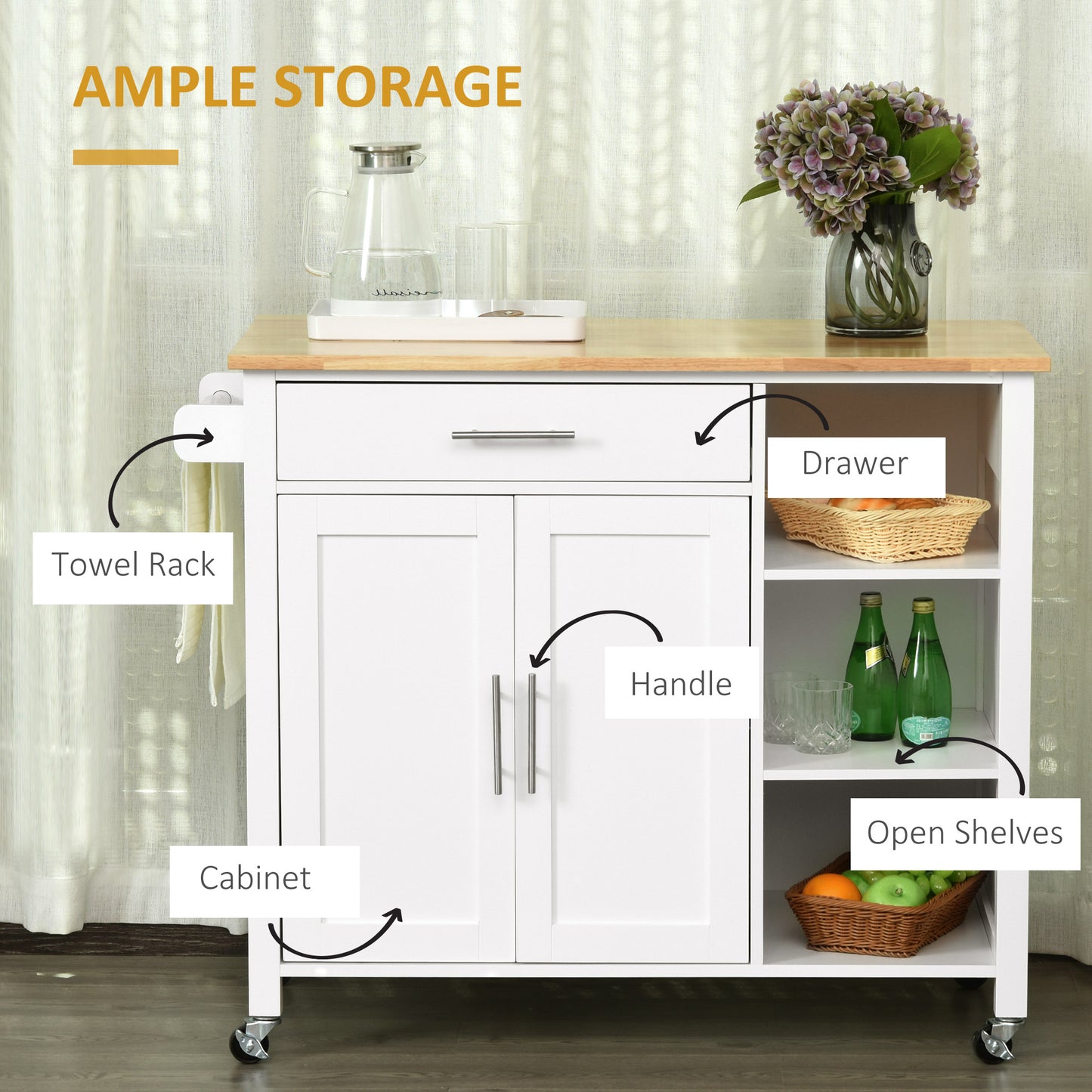 Wooden Rolling Kitchen Island with 360° Swivel Wheels, Drawer and Towel Rack, White
