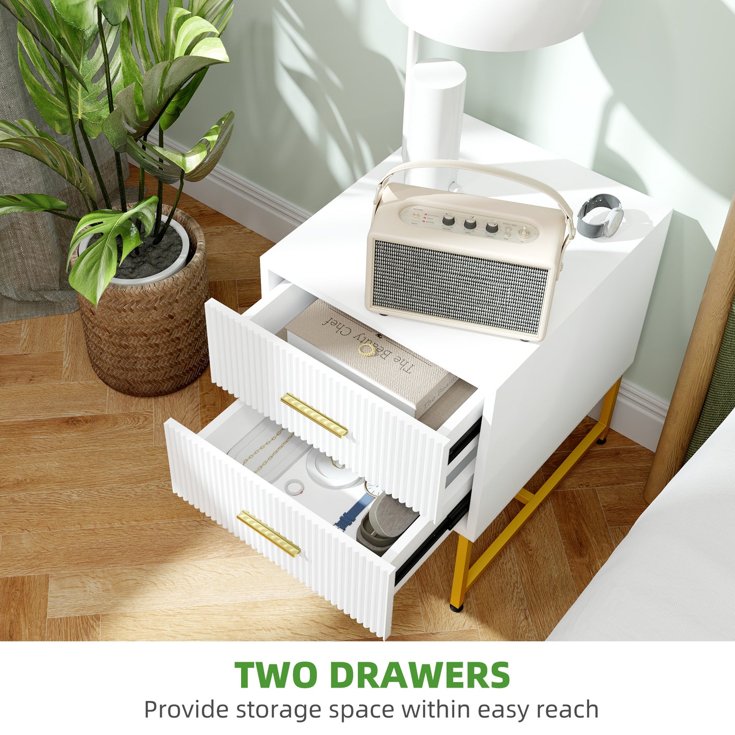 Modern Fluted Nightstands with Gold Legs and 2 Drawers, White (Set of 2)