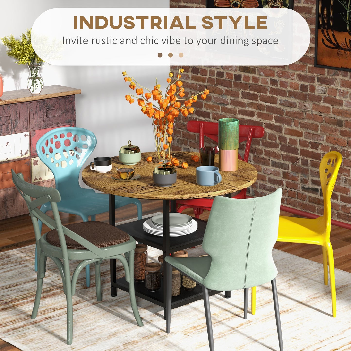 39" Round Industrial Dining Table with Storage Shelves for 4-6 People, Rustic Brown
