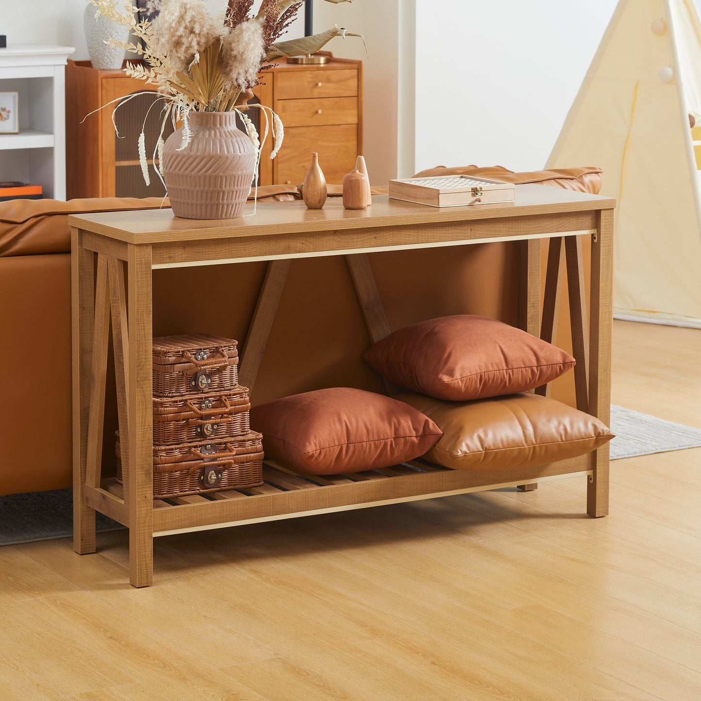 Rustic Brown Farmhouse Console Table with Storage