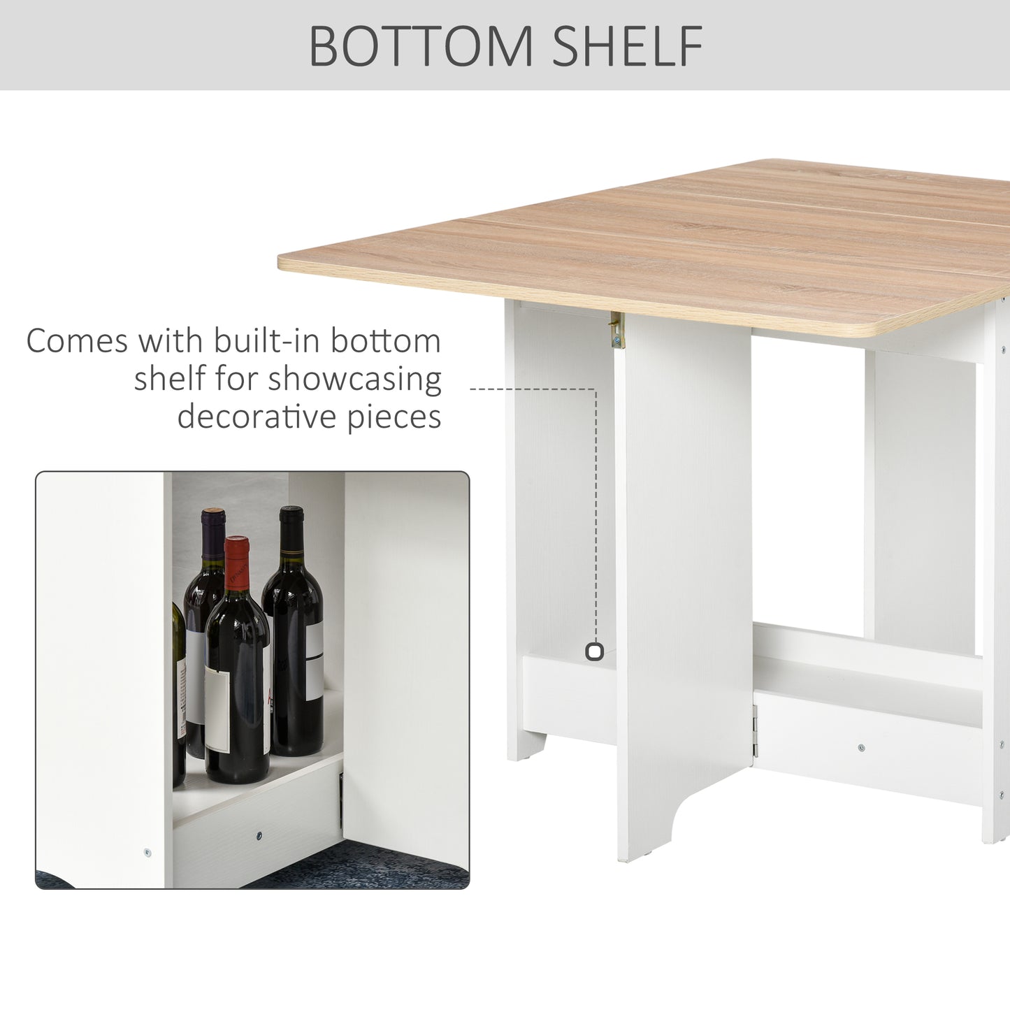 Foldable Drop-Leaf Dining Table with Storage Shelf, Oak and White