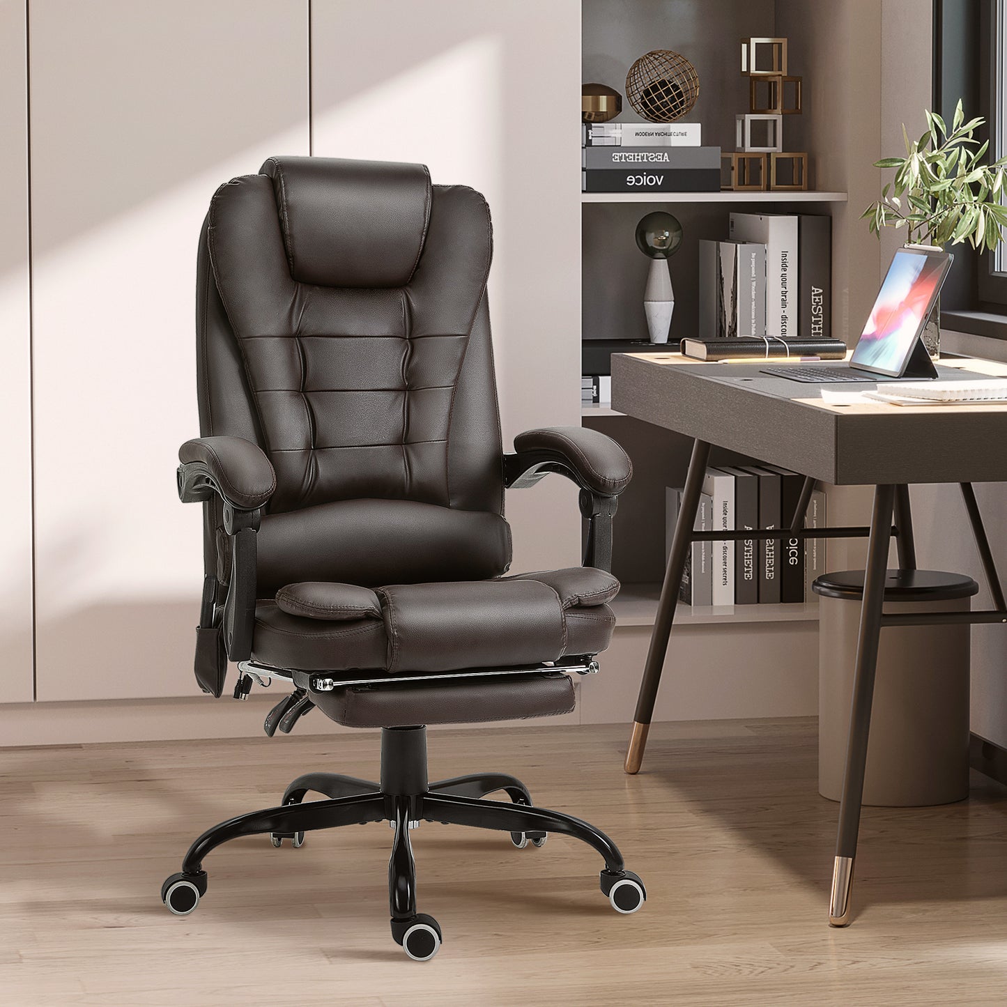 7-Point Vibrating Massage Office Chair with Footrest and Reclining Back, Brown