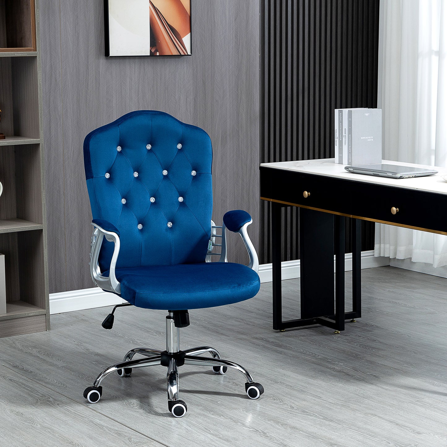 Velvet Swivel Office Chair with Button Tufted Design and Adjustable Height, Dark Blue