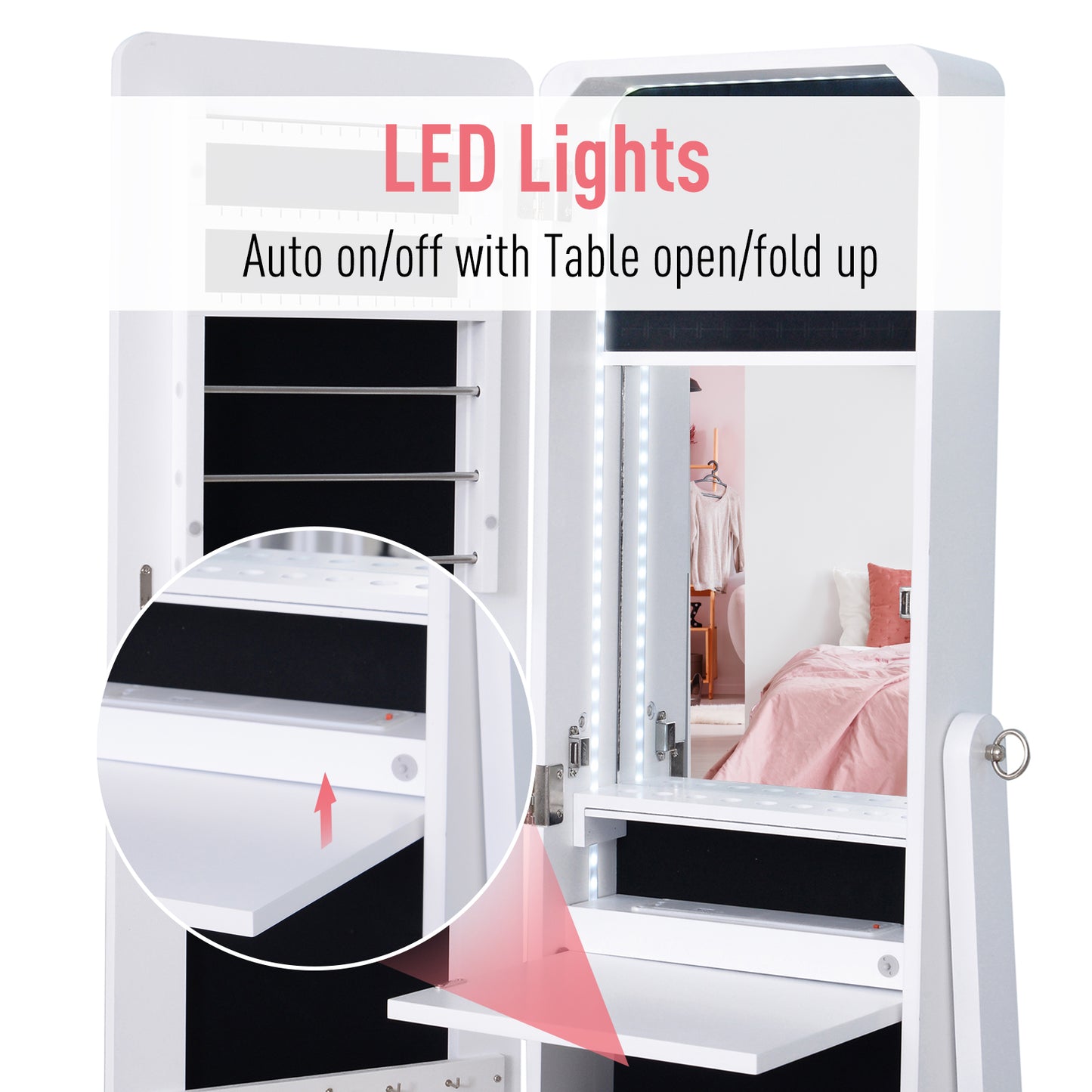 Freestanding LED Lighted Jewelry Armoire with Full-Length Mirror, White