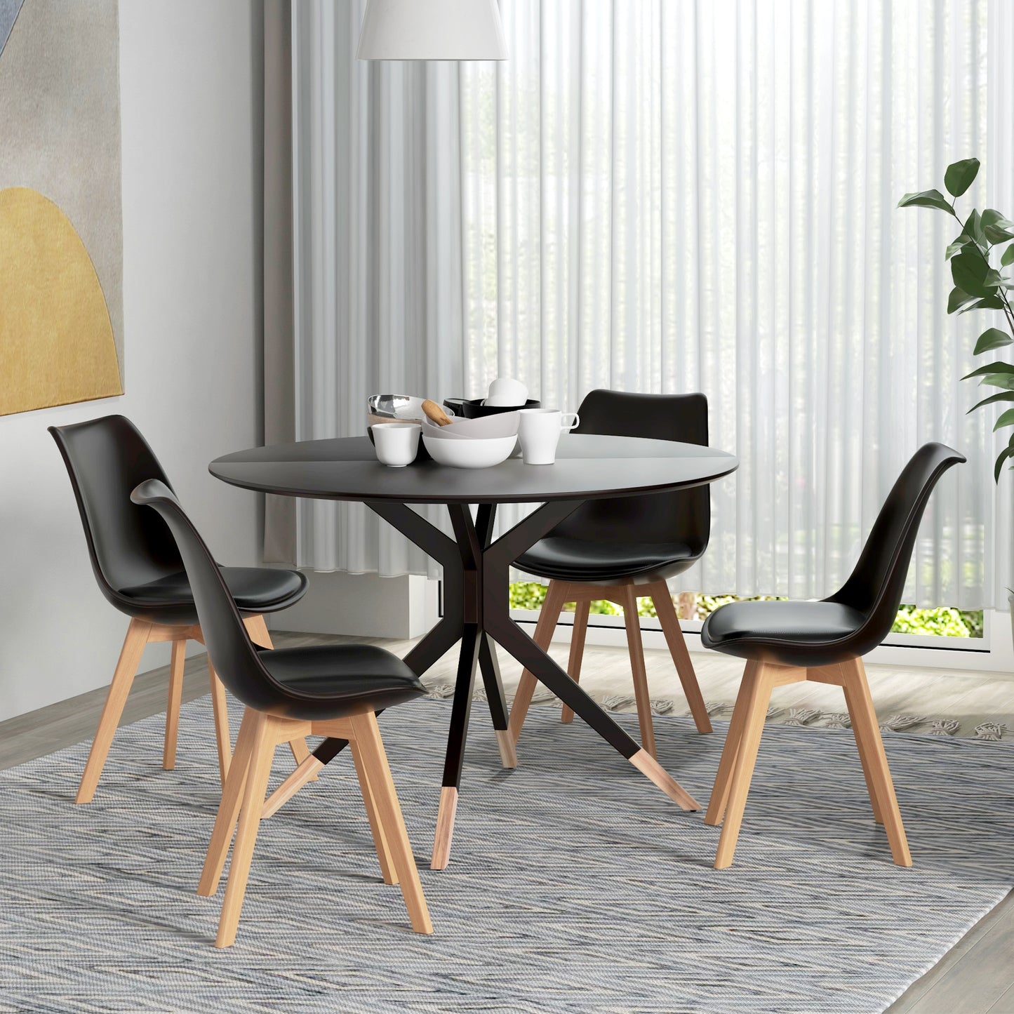 Modern Dining Chairs Set of 4 with PU Leather Cushions - Black