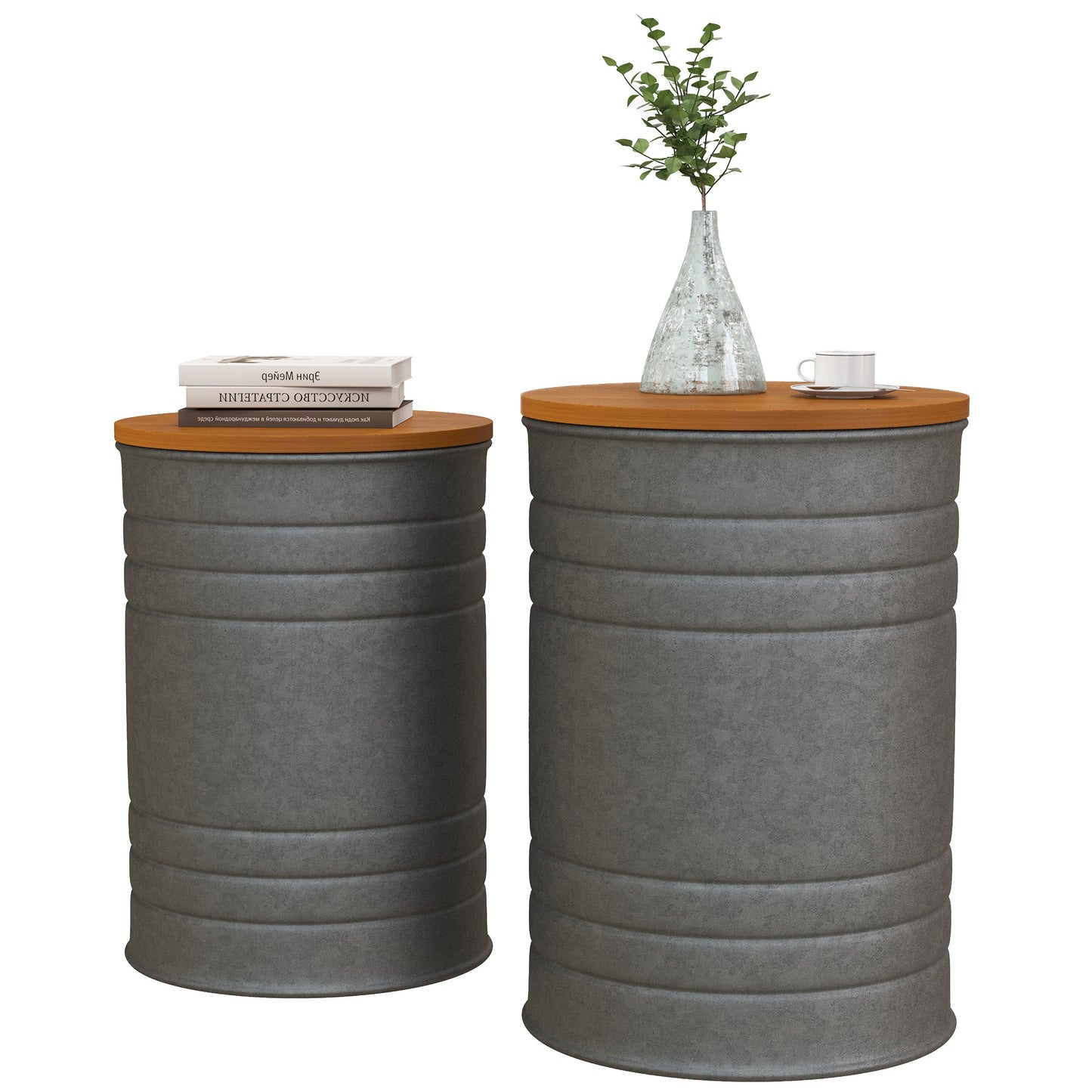 Round Nesting Side Tables with Hidden Storage and Wooden Lids, Gray (Set of 2)