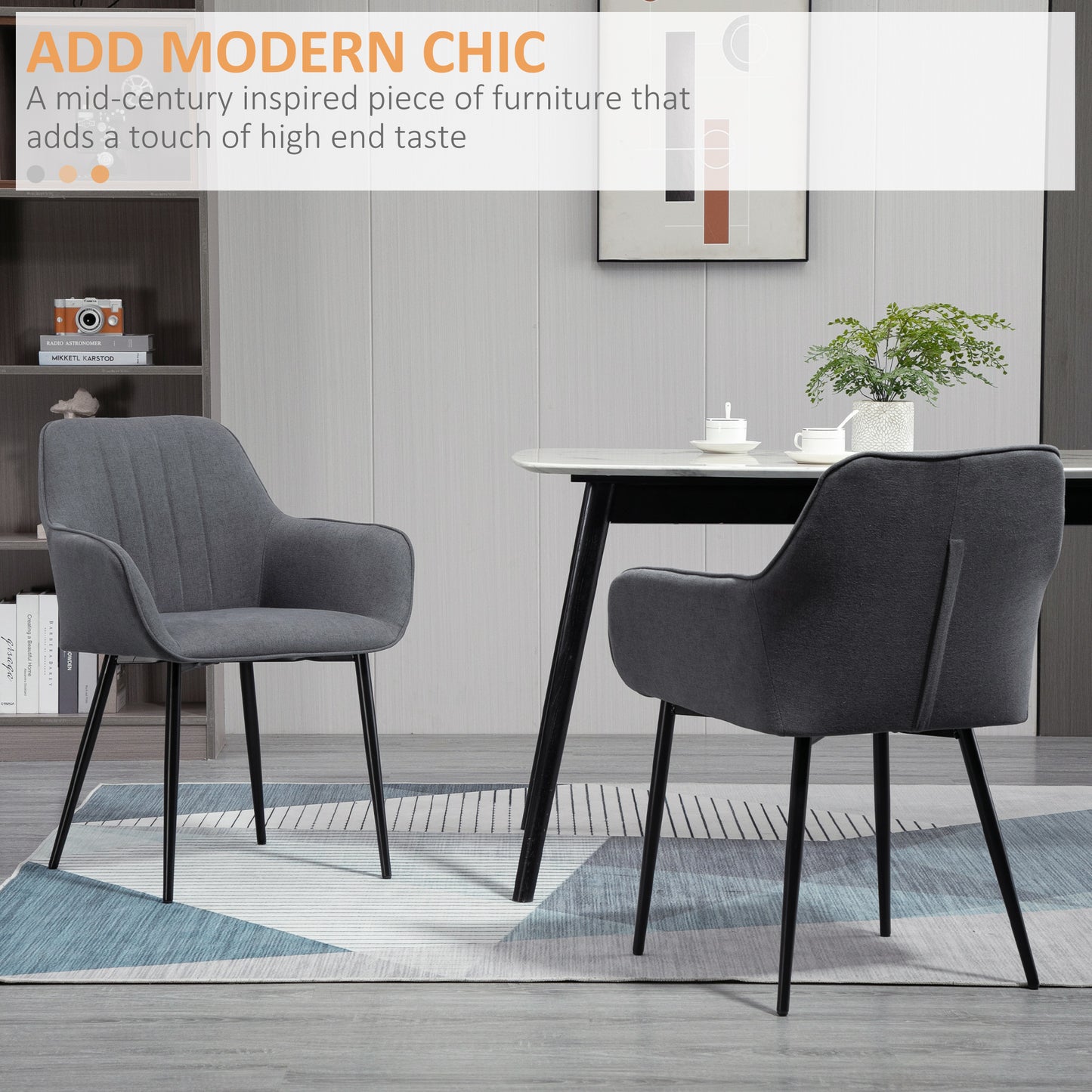 Linen Fabric Armchair Dining Chairs with Metal Legs, Dark Grey (Set of 2)