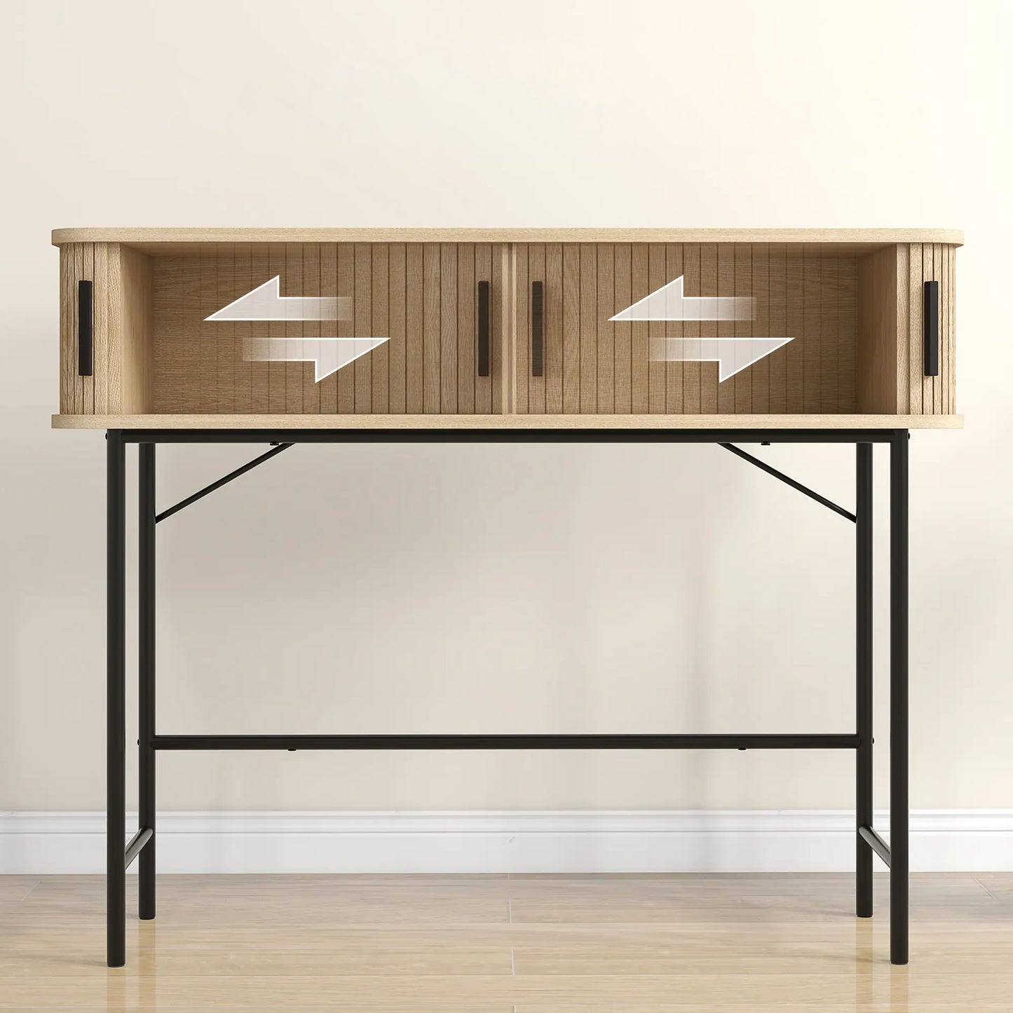 39" Mid-Century Console Table with Sliding Tambour Doors, Oak and Black
