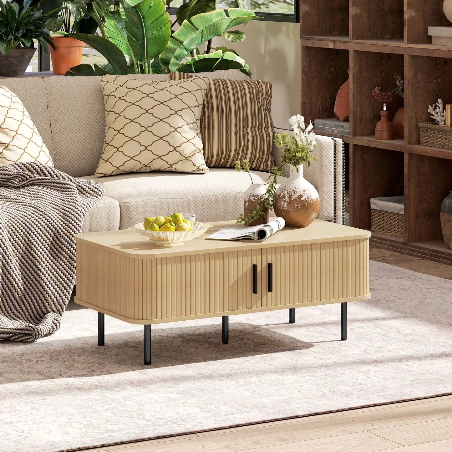 Nordic Coffee Table with Sliding Tambour Doors, Oak
