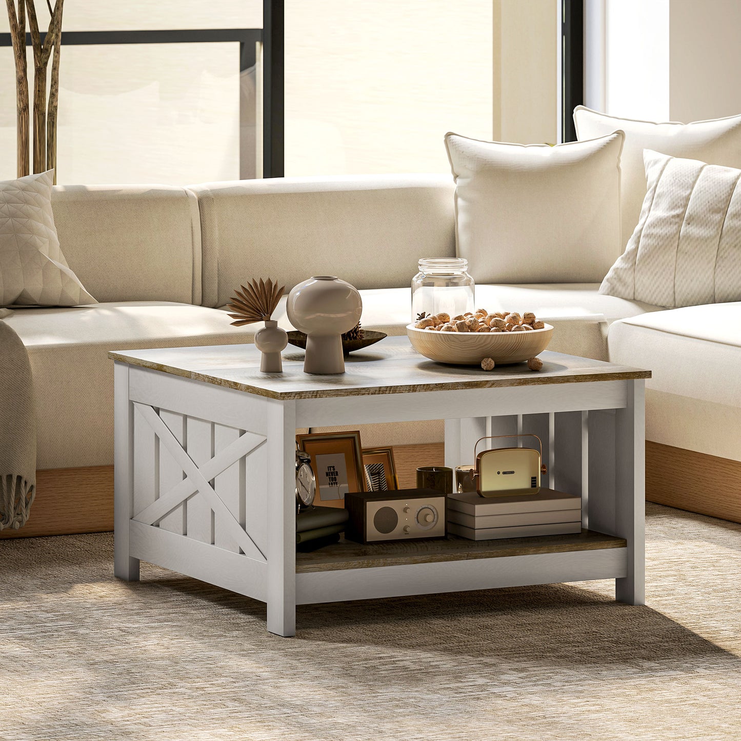 Farmhouse Square Coffee Table with X-Frame Design - Distressed Oak and Brown
