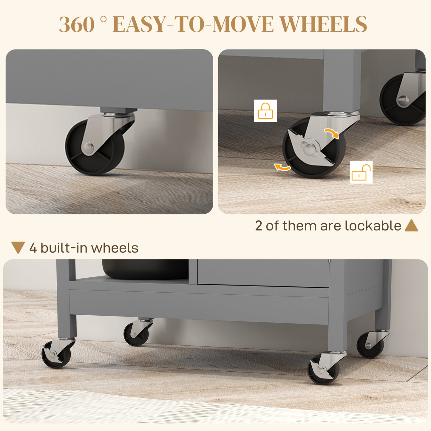 Modern Rolling Kitchen Island Cart with Natural Wood Top, Grey