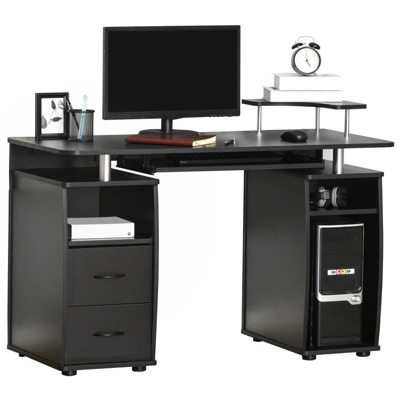 Computer Desk with Keyboard Tray and Storage Drawers, Home Office Workstation, Black