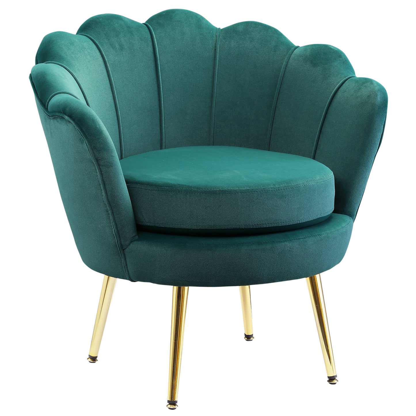 Modern Velvet Accent Chair with Lotus Backrest and Gold Legs, Dark Green
