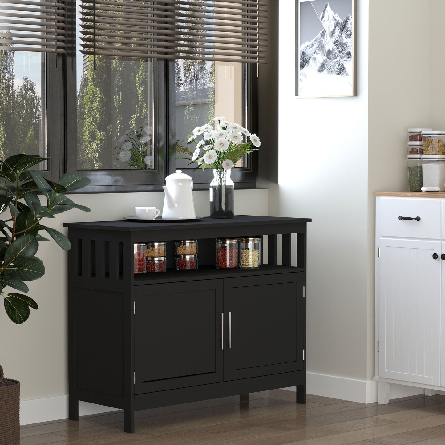 39" Wooden Console Table with Cabinet and Open Shelf, Black