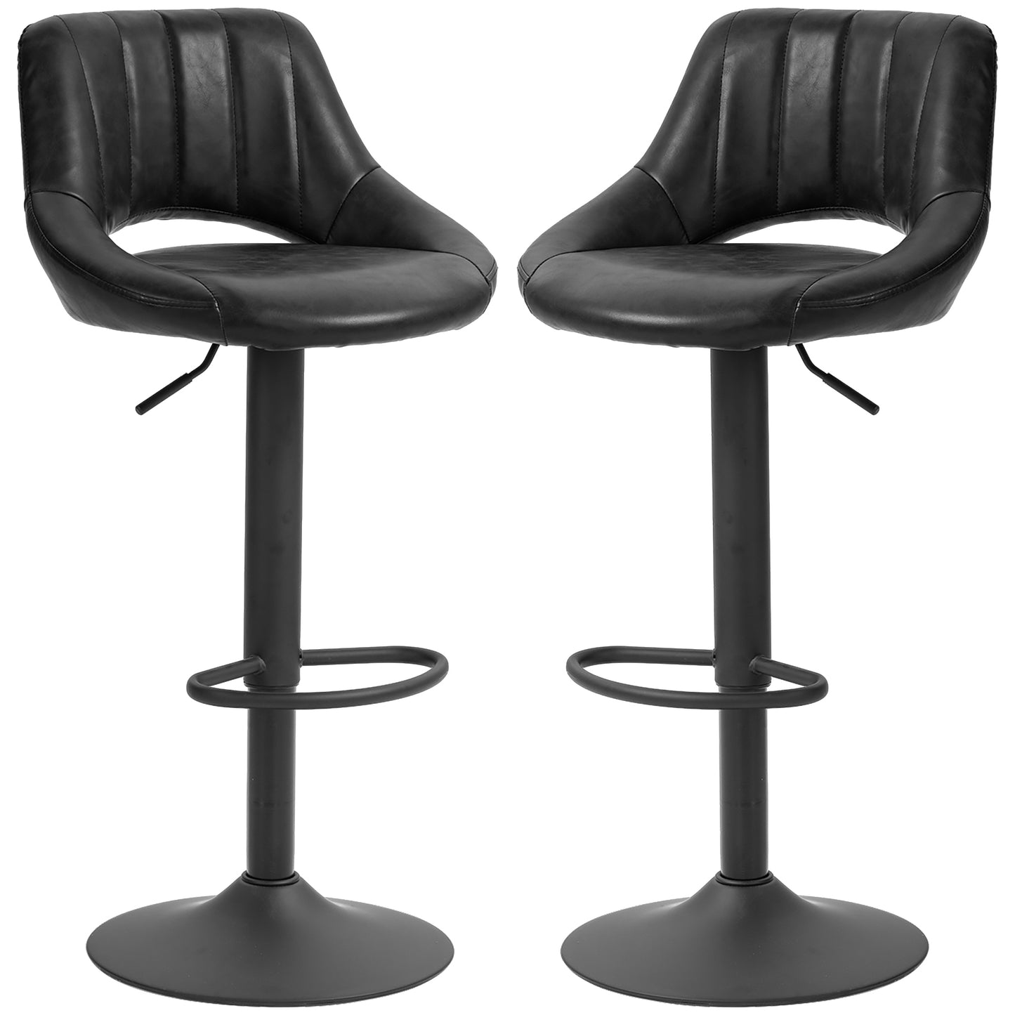Adjustable Height Swivel Bar Stools with Faux Leather Upholstery, Black (Set of 2)