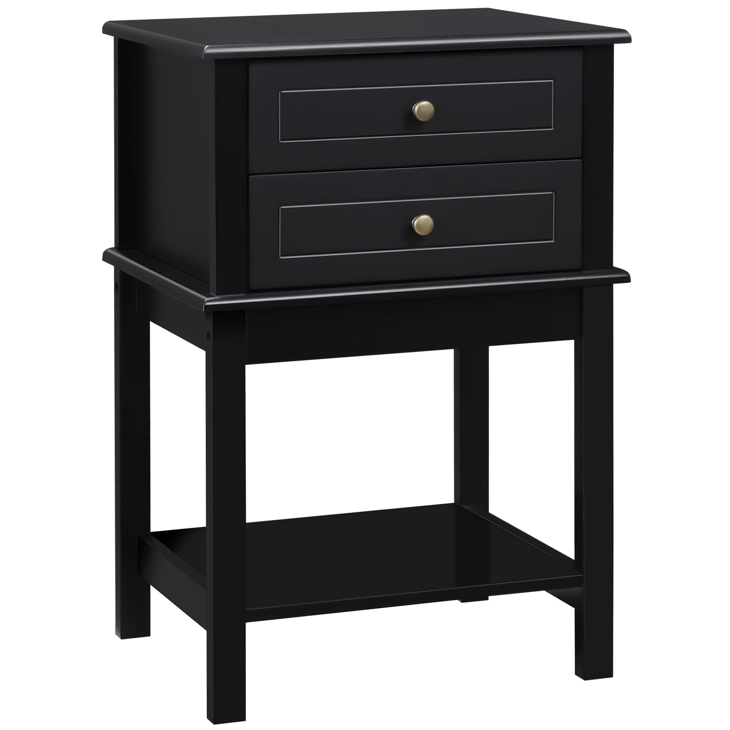 Black Modern End Table with Drawers and Storage Shelf