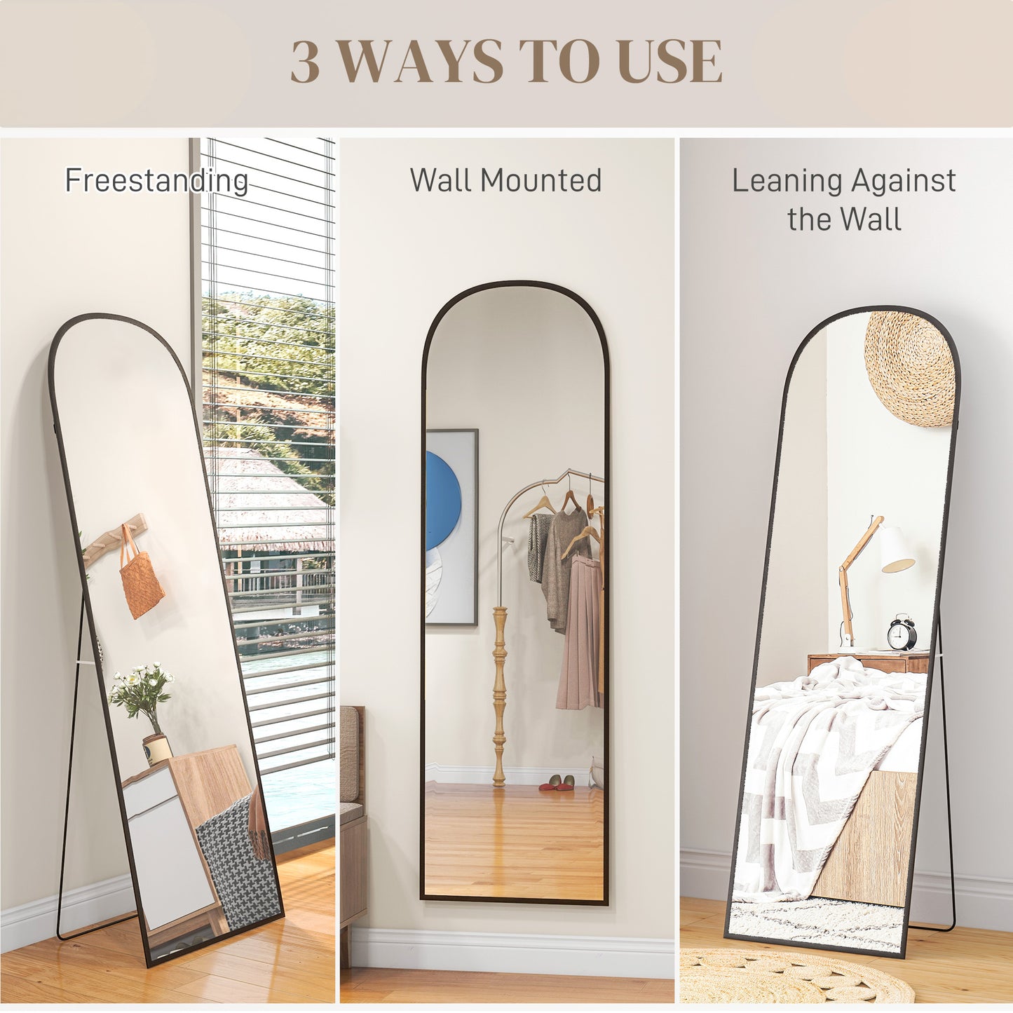 Arched Full Length Mirror with Black Frame, 64" x 20", Versatile Standing or Wall Mount