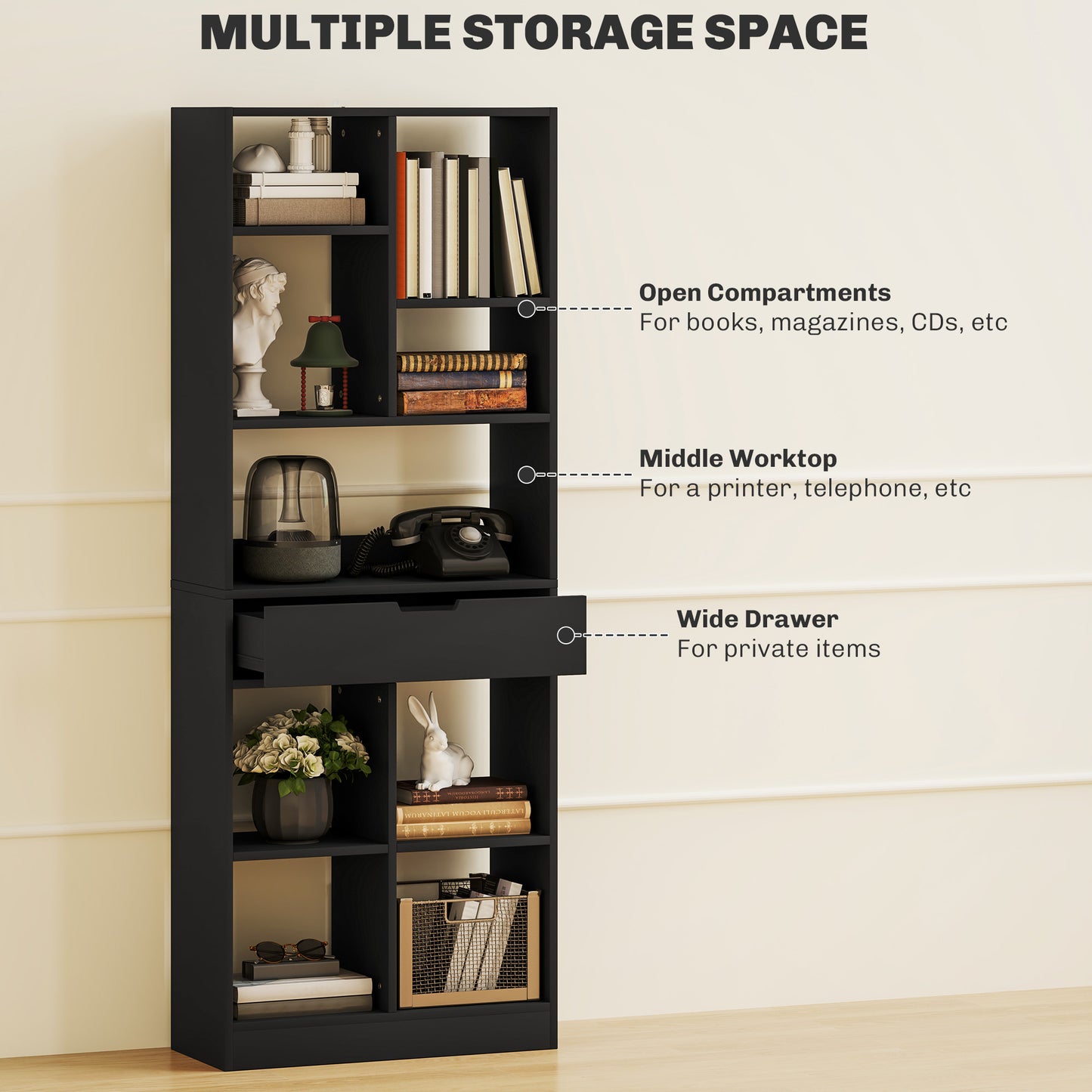 Tall Bookshelf with Drawer and Wide Worktop, Black