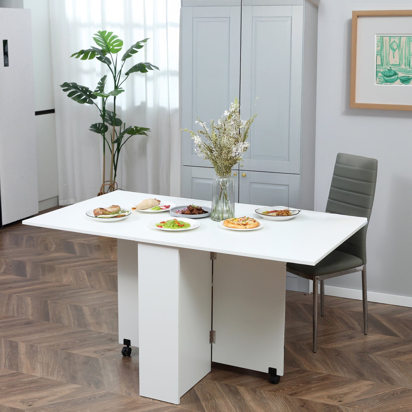 Extendable Dining Table with Storage Shelves and Rolling Wheels