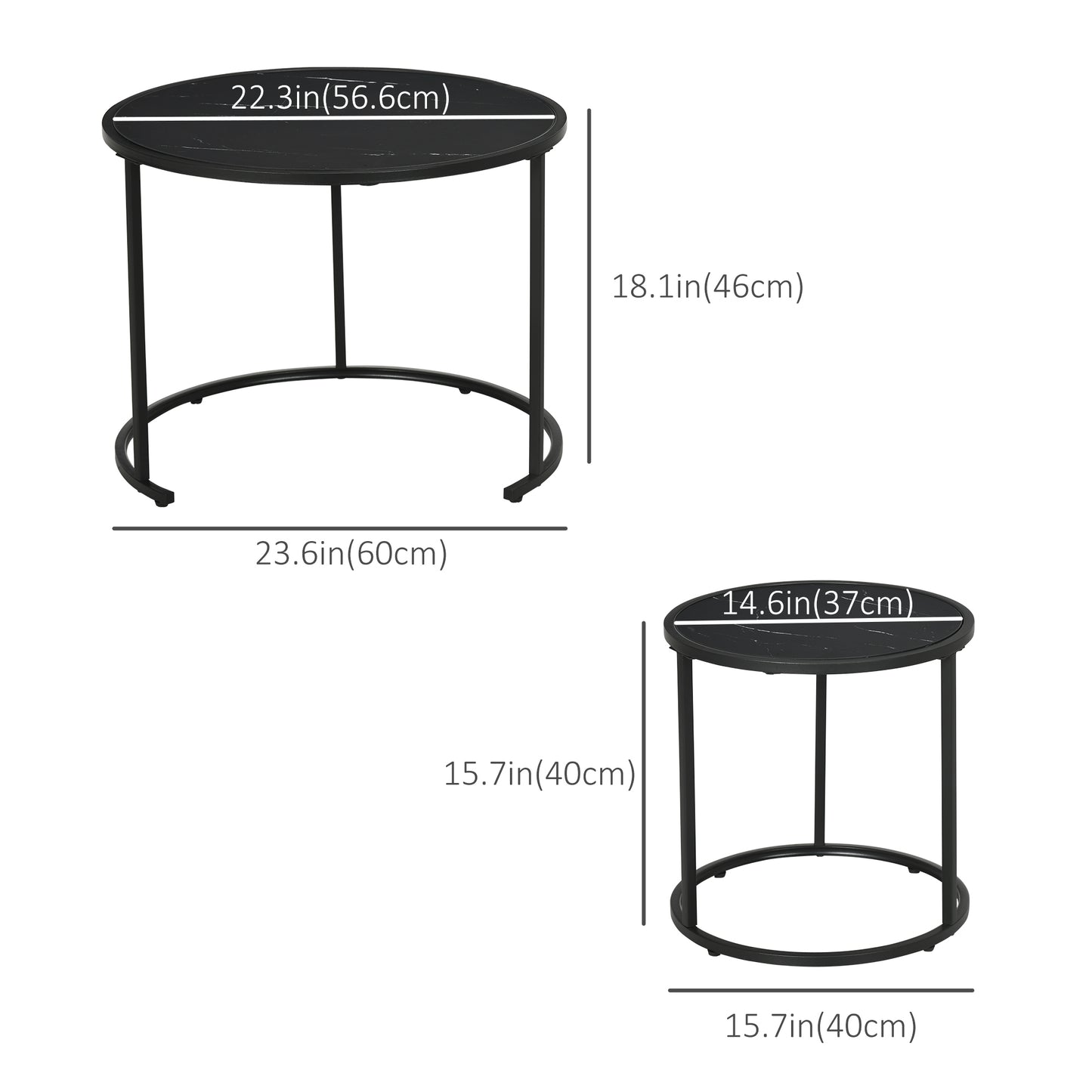 Black Round Nesting Coffee Tables with Faux Marble Top