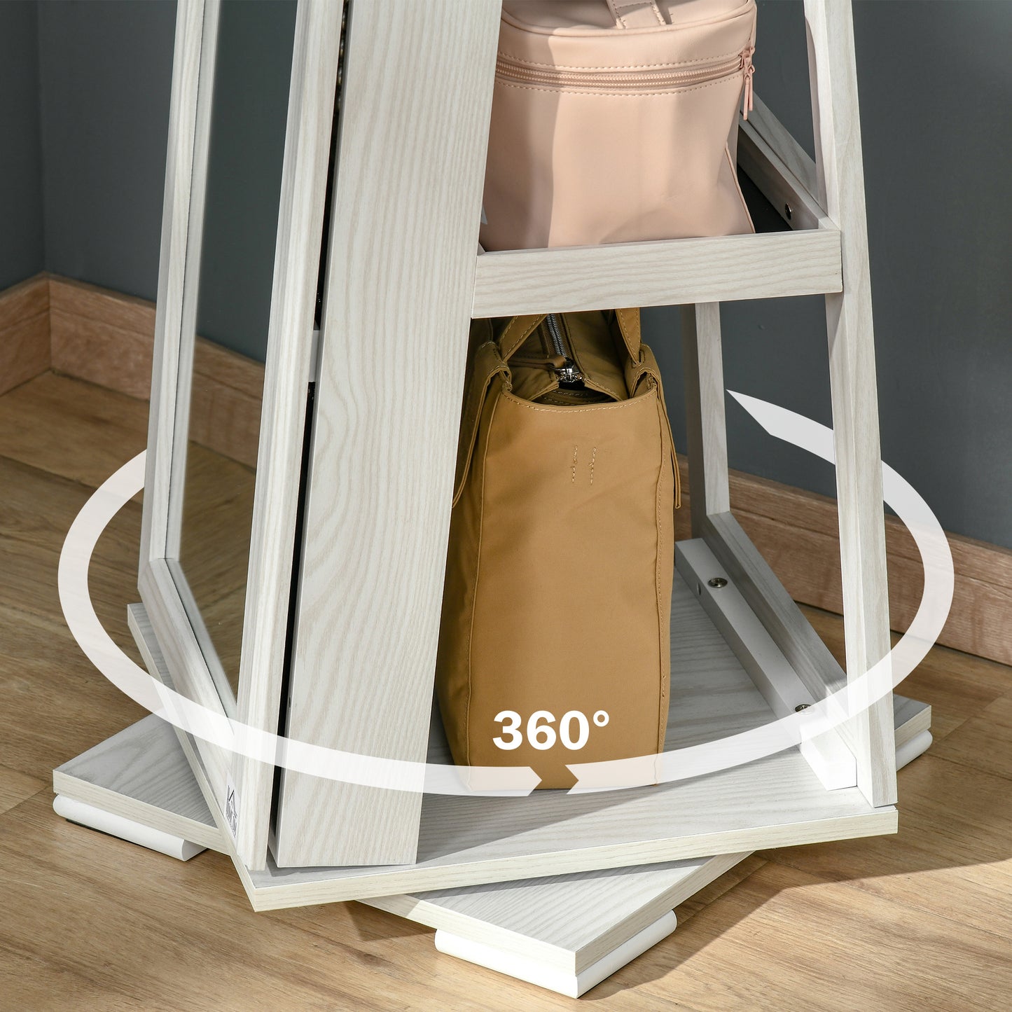 360° Swivel Jewelry Armoire with Lockable Mirror Cabinet, White