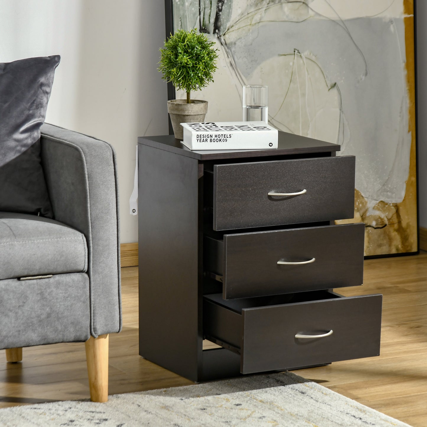 Bedside Table, Modern Nightstand with 3 Drawers, Dark Brown