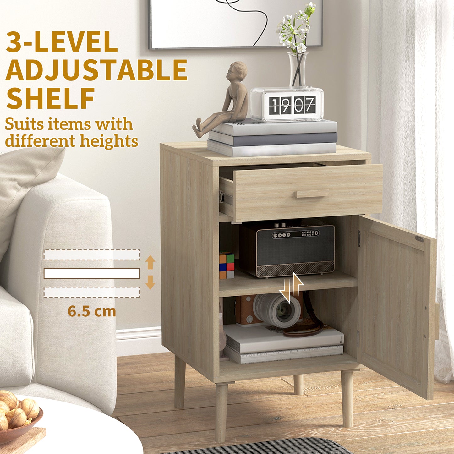 Boho Nightstands with Rattan Cabinet and Adjustable Shelf, Oak (Set of 2)