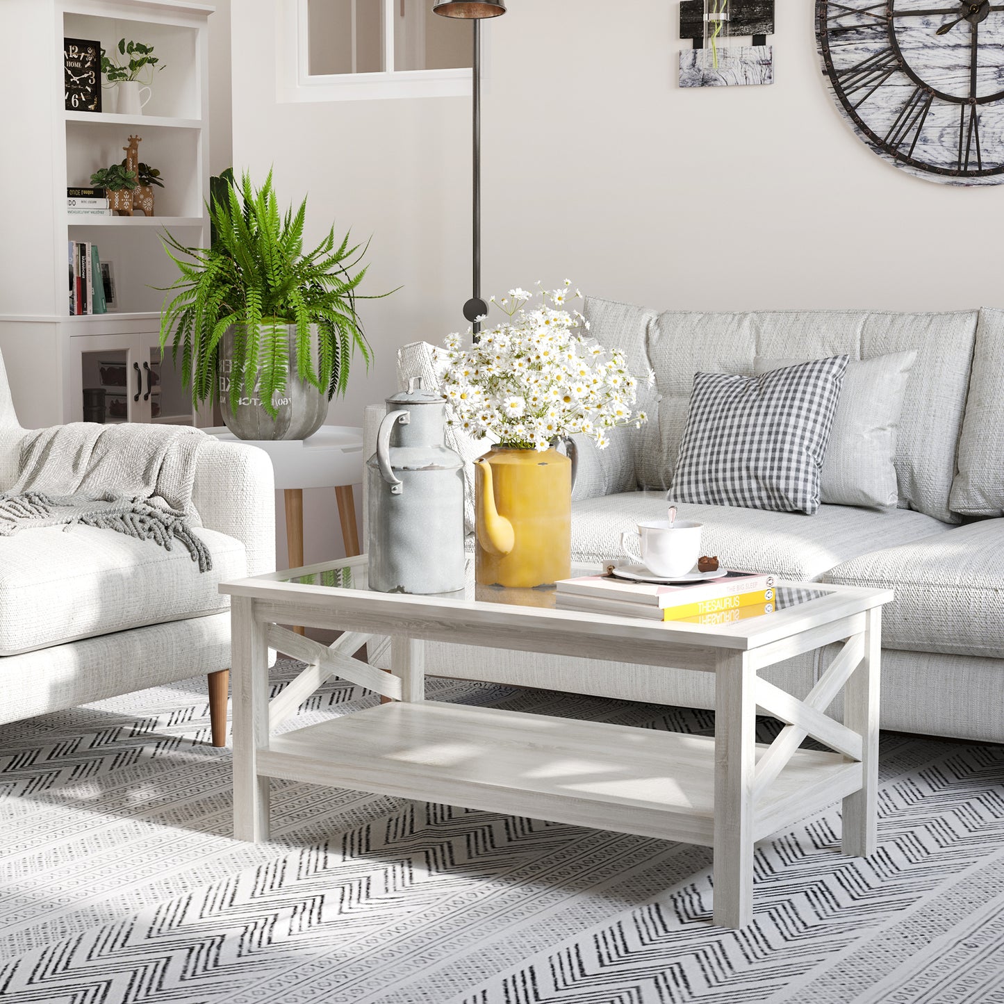 Farmhouse Glass Top Coffee Table with X-Frame Design - White Oak