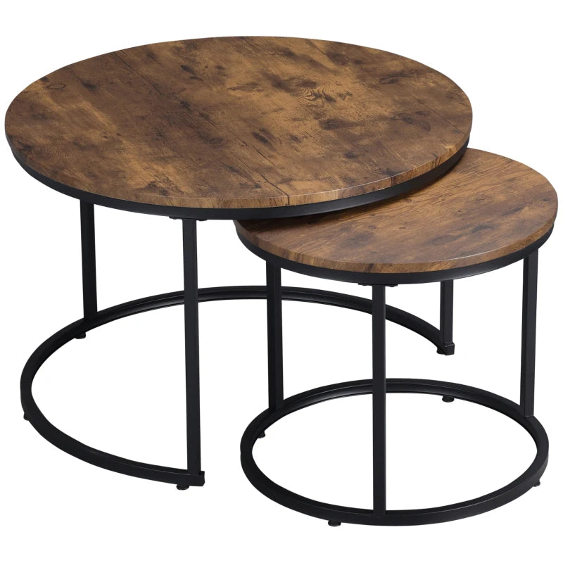 29" Round Nesting Coffee Tables with Metal Base, Rustic Brown (Set of 2)