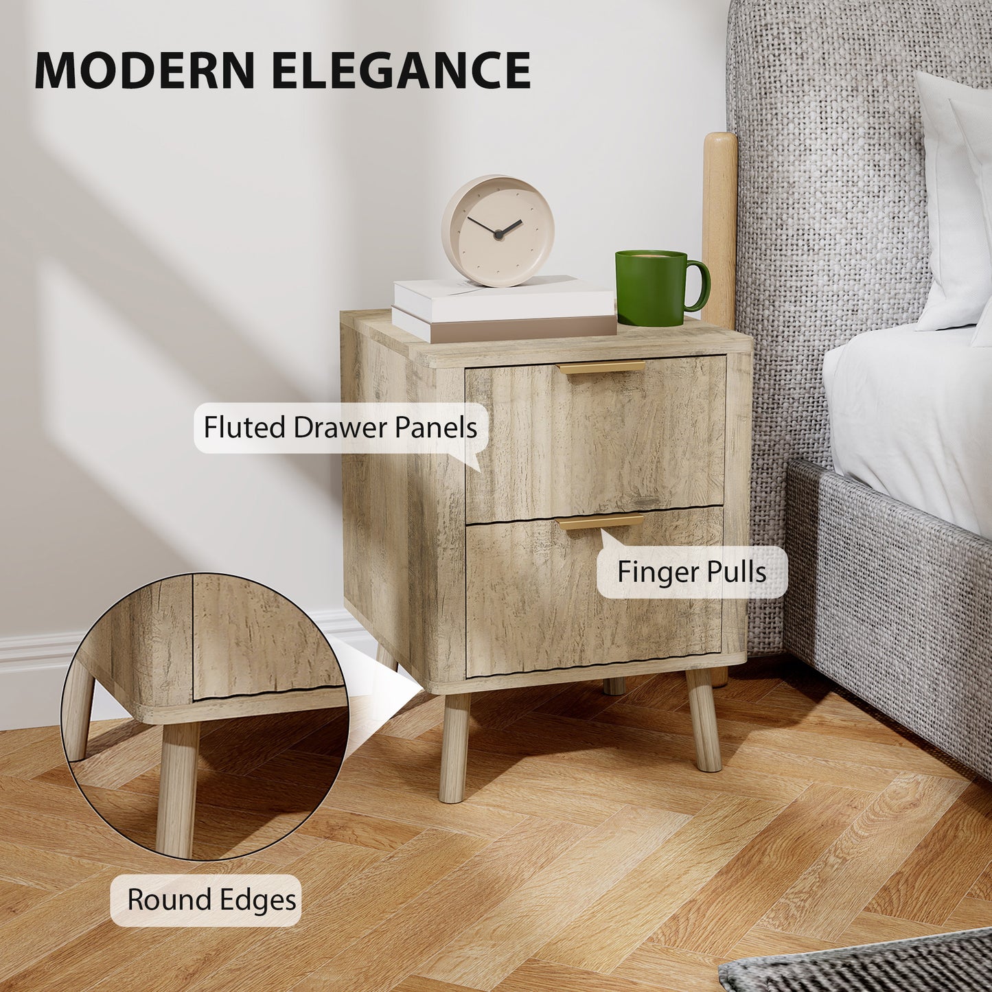 Nightstands with Gold Finger Pulls and Round Edges, Oak (Set of 2)