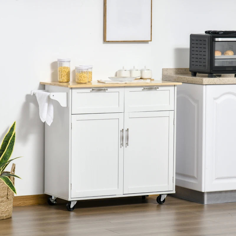 Rolling Kitchen Island Cart with Rubber Wood Top and Storage Drawers, White