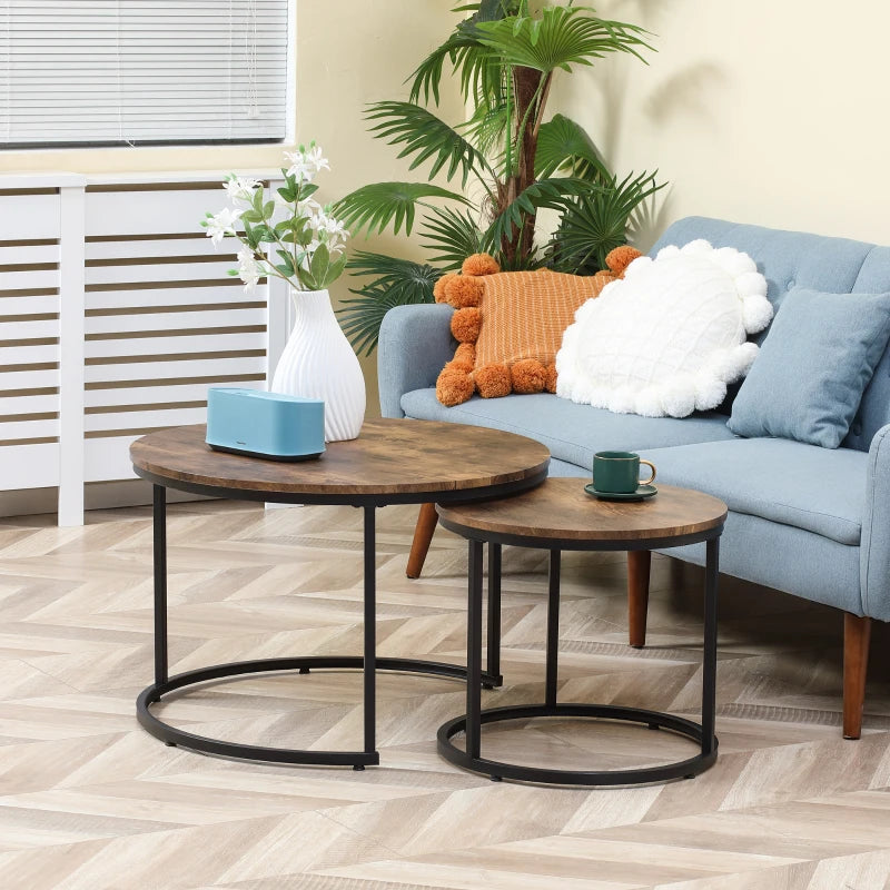 29" Round Nesting Coffee Tables with Metal Base, Rustic Brown (Set of 2)