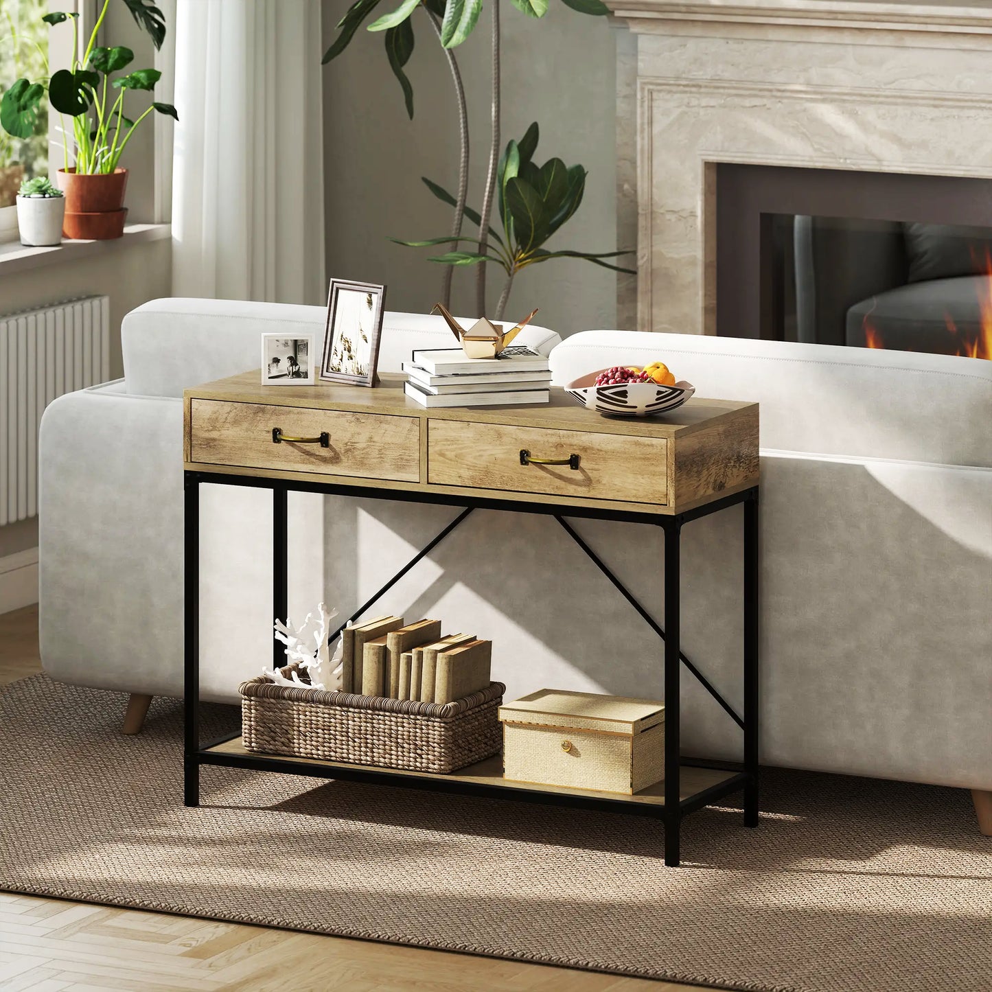 39" Vintage Console Table with Industrial Frame and Storage, Brown