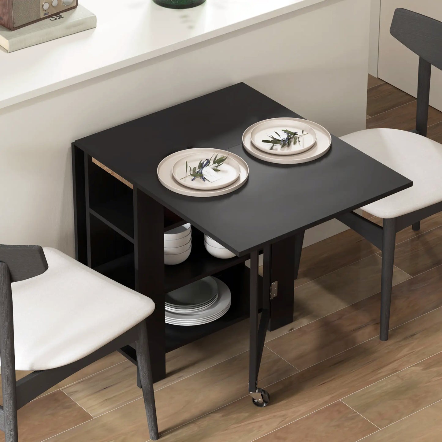Folding Dining Table with Built-In Storage Shelves - Black