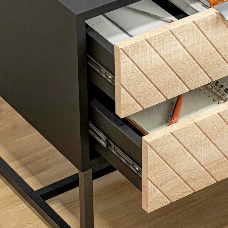 Modern Herringbone Nightstand with Steel Frame, Black and Oak