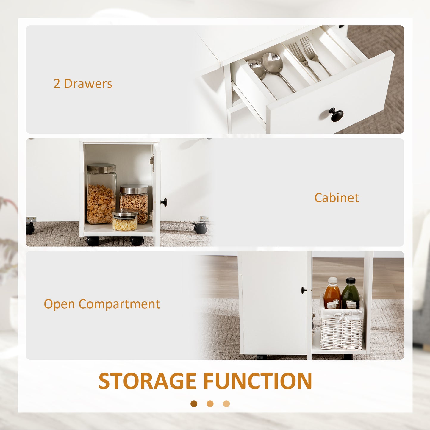 Rolling Dining Table with Storage Drawers and Cabinet - White