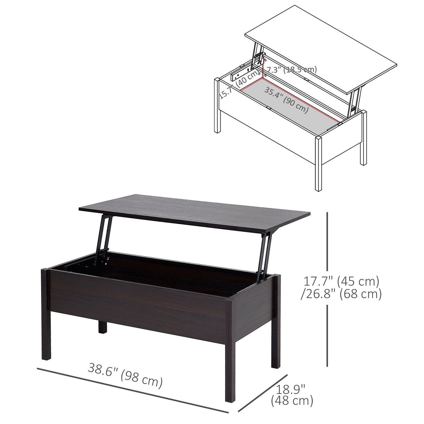 39" Lift Top Coffee Table with Hidden Storage, Coffee