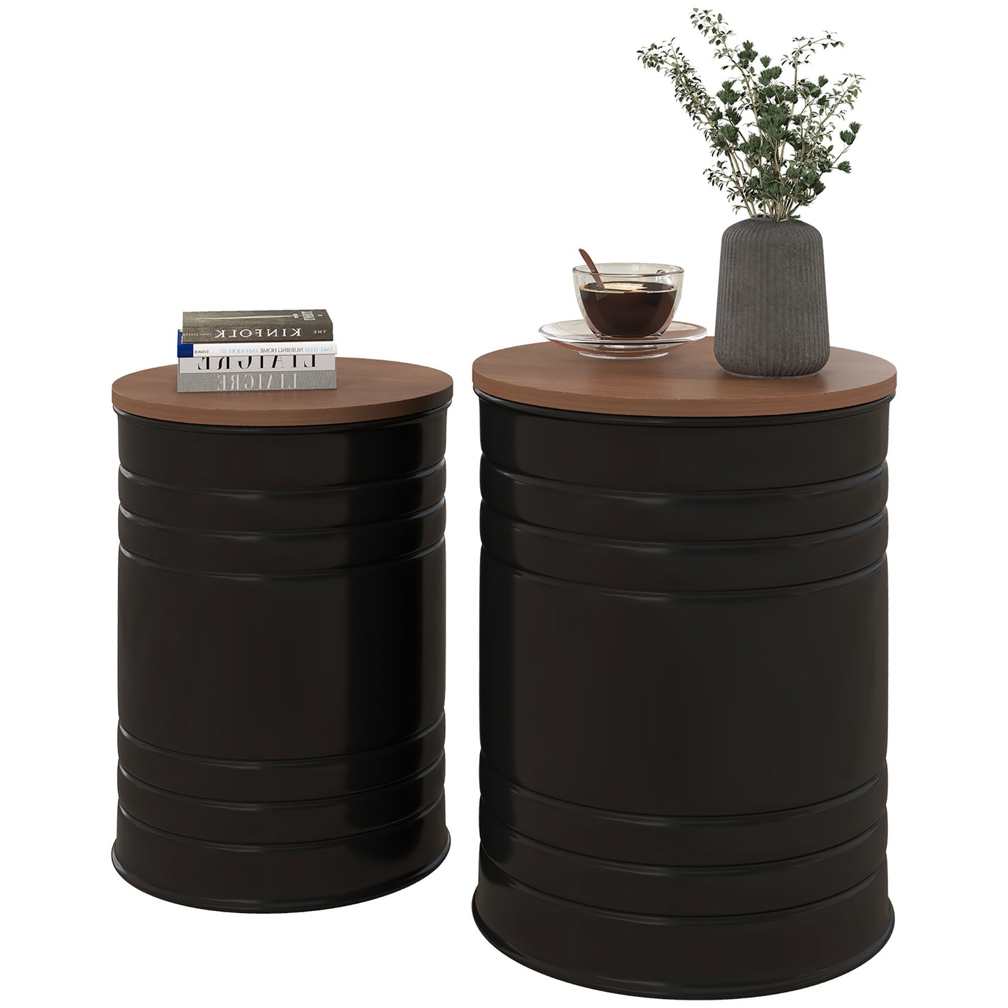 Round Nesting Side Tables with Hidden Storage and Wooden Lids, Black (Set of 2)
