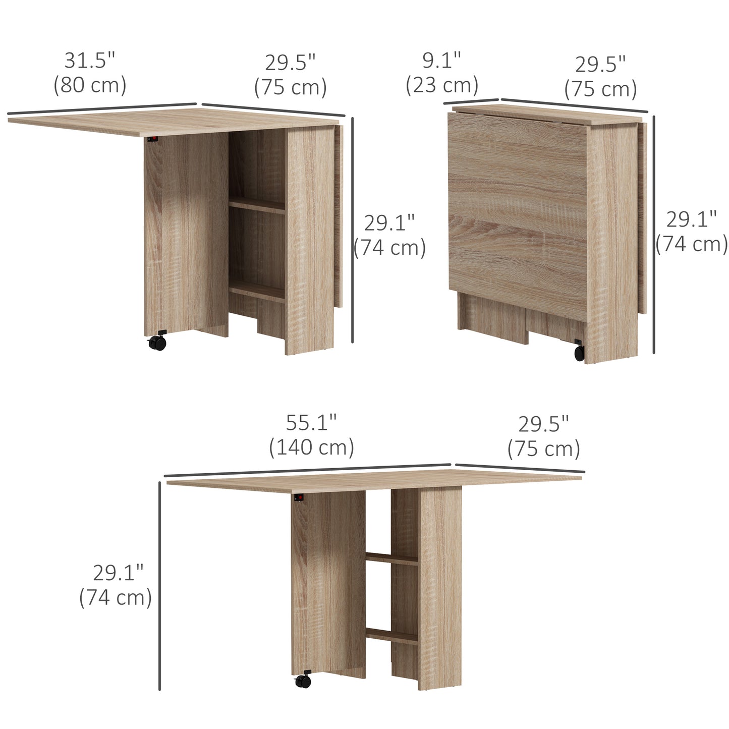 Extendable Dining Table with Storage Shelves and Rolling Wheels - Natural Wood
