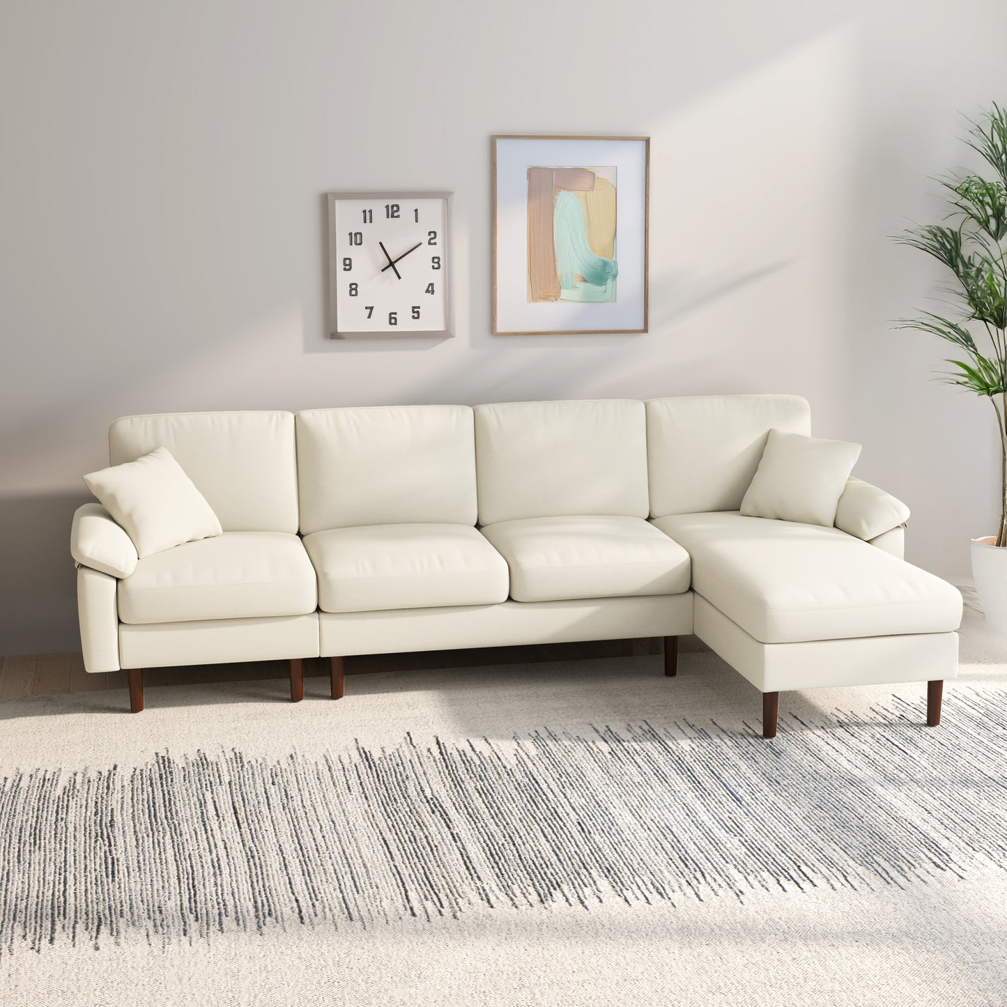 L-Shaped Sectional Sofa with Reversible Chaise and Pillows, Cream White