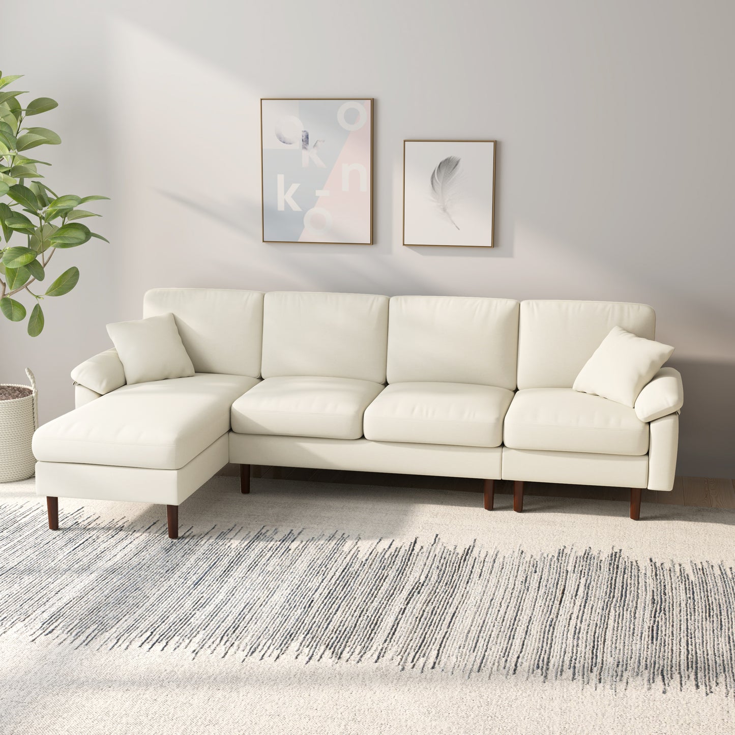 L-Shaped Sectional Sofa with Reversible Chaise and Pillows, Cream White
