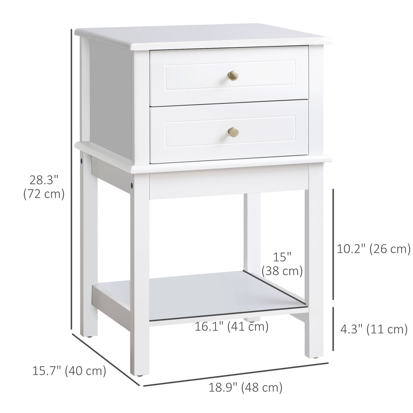 White Modern End Table with Drawers and Storage Shelf