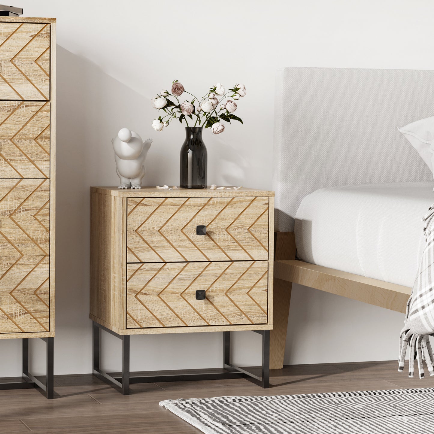 Modern Nightstand with Zig-Zag Design and 2 Drawers, Natural Wood