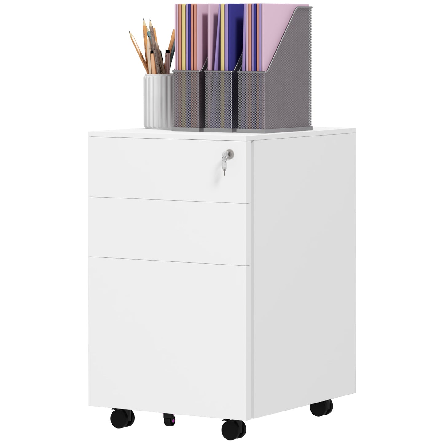 3-Drawer Mobile Steel Filing Cabinet with Lock - White