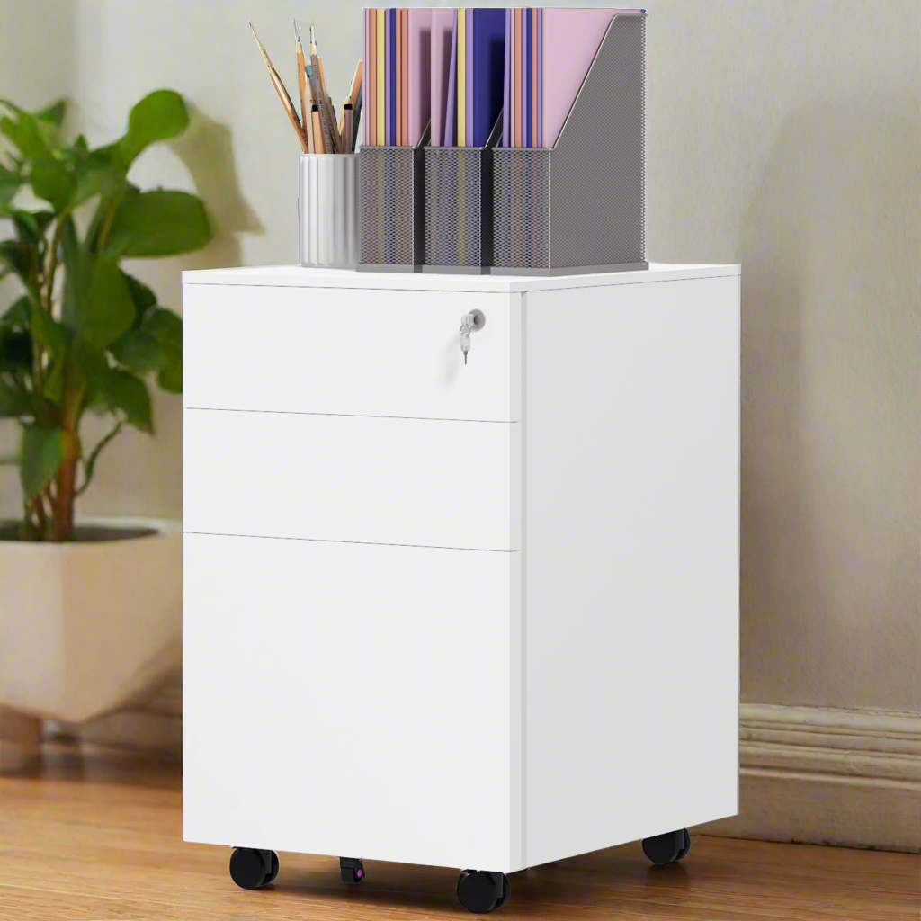 3-Drawer Mobile Steel Filing Cabinet with Lock - White