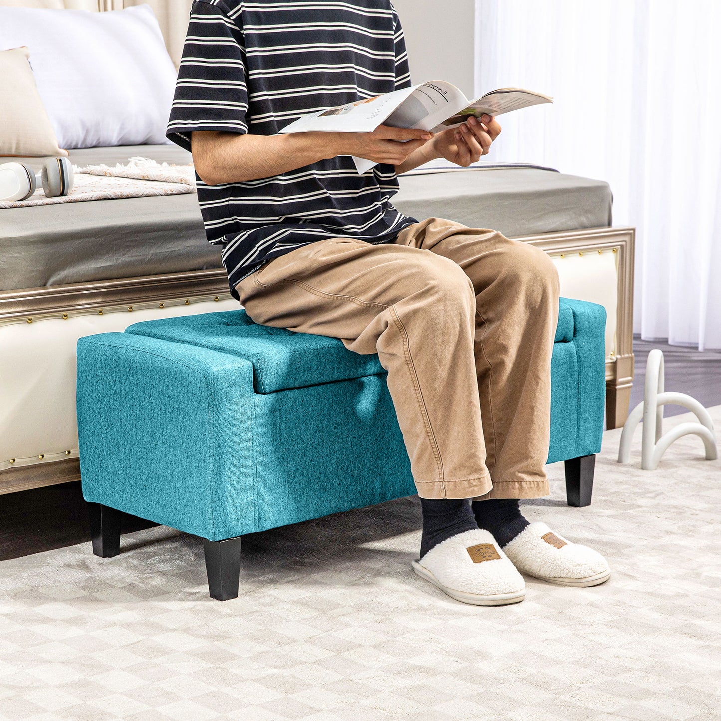 Linen Upholstered Storage Ottoman Bench with Tufted Design, Green