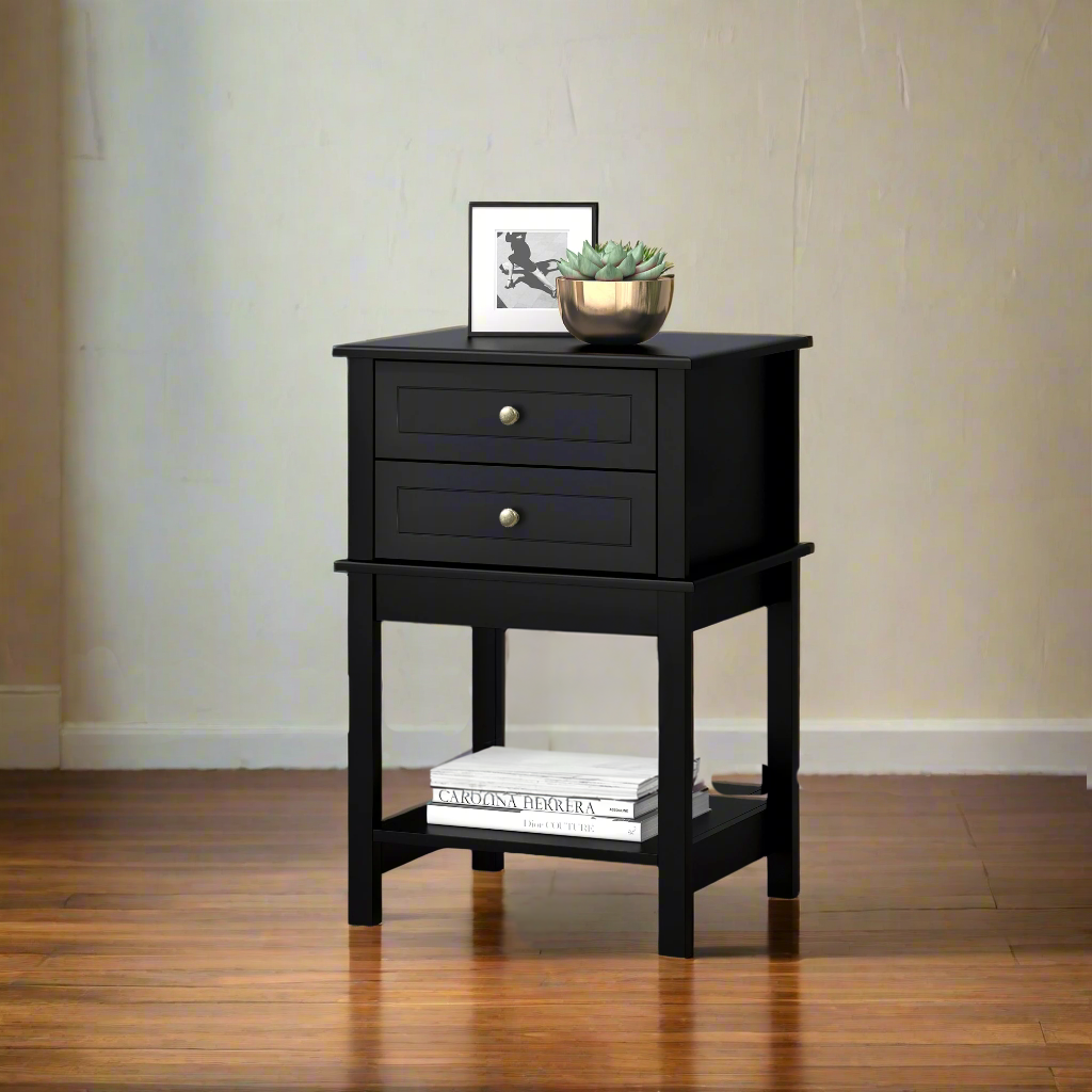 Black Modern End Table with Drawers and Storage Shelf