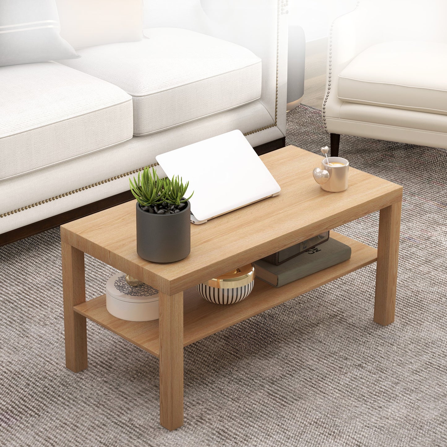 Rectangular Coffee Table with Storage Shelf - Natural Wood