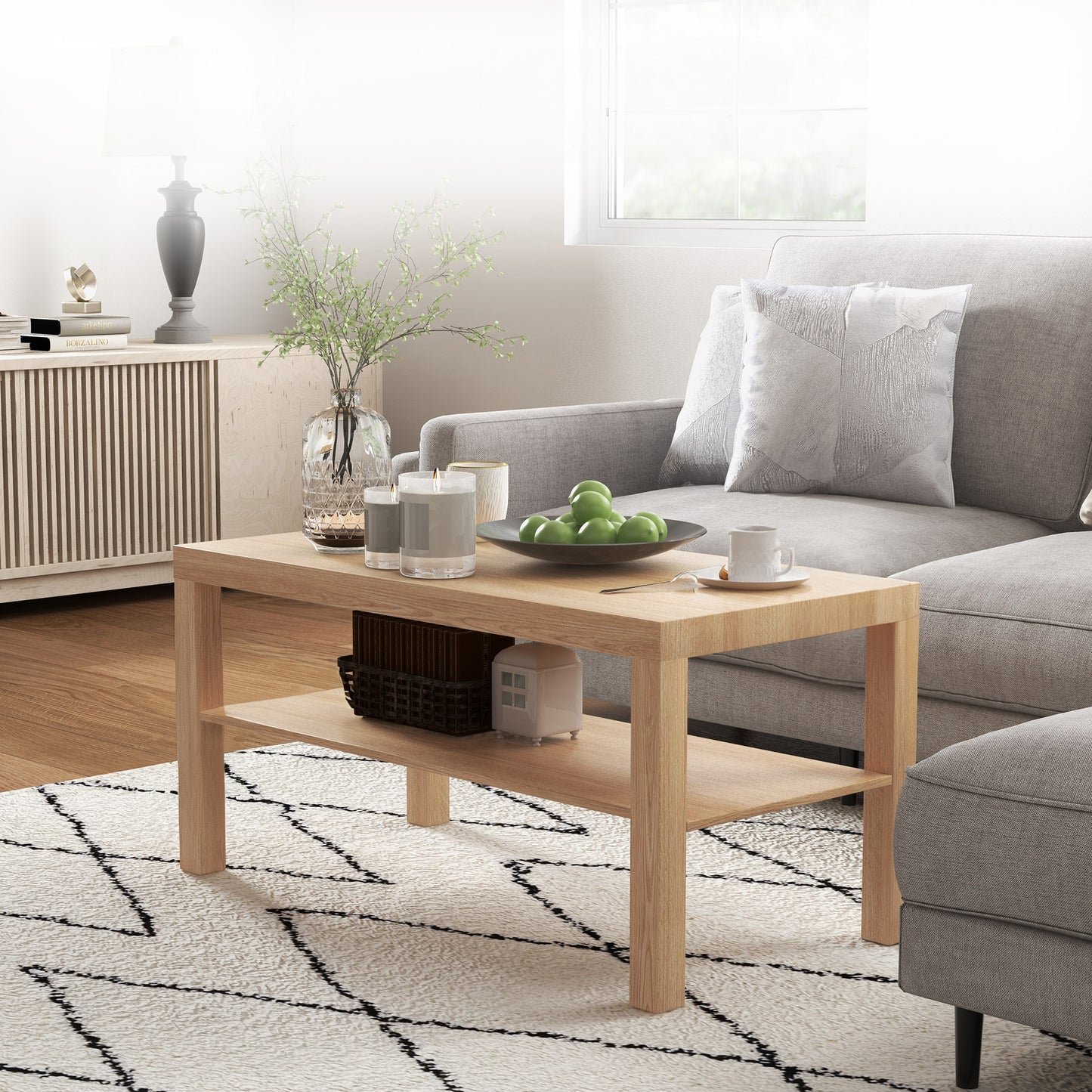 Rectangular Coffee Table with Storage Shelf - Natural Wood
