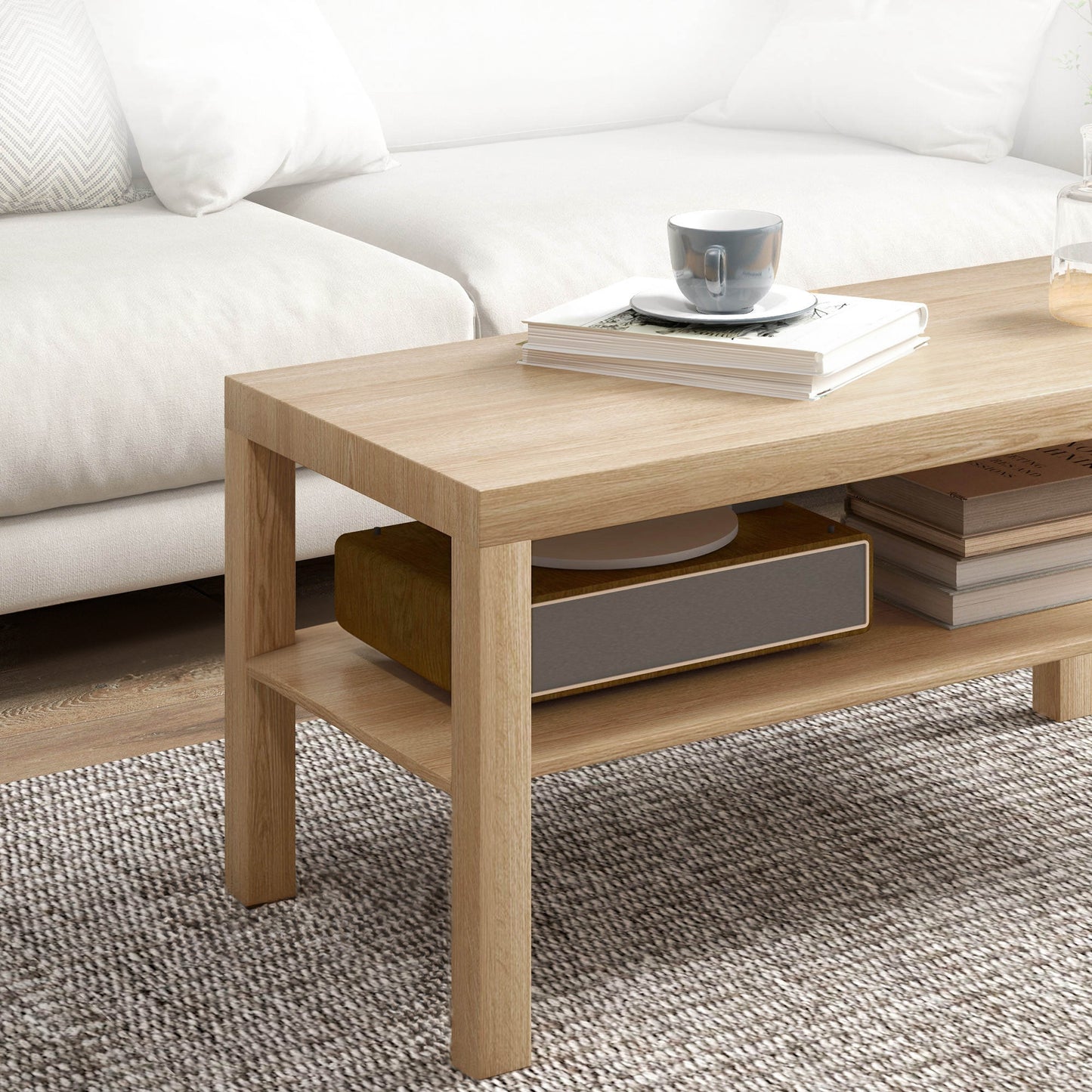 Rectangular Coffee Table with Storage Shelf - Natural Wood
